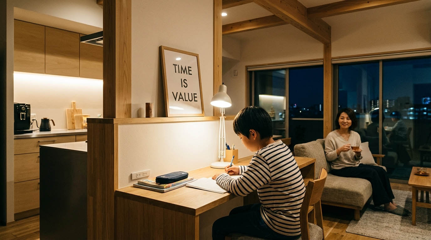 リノベーションされたリビングで集中して勉強する小学生と見守る親