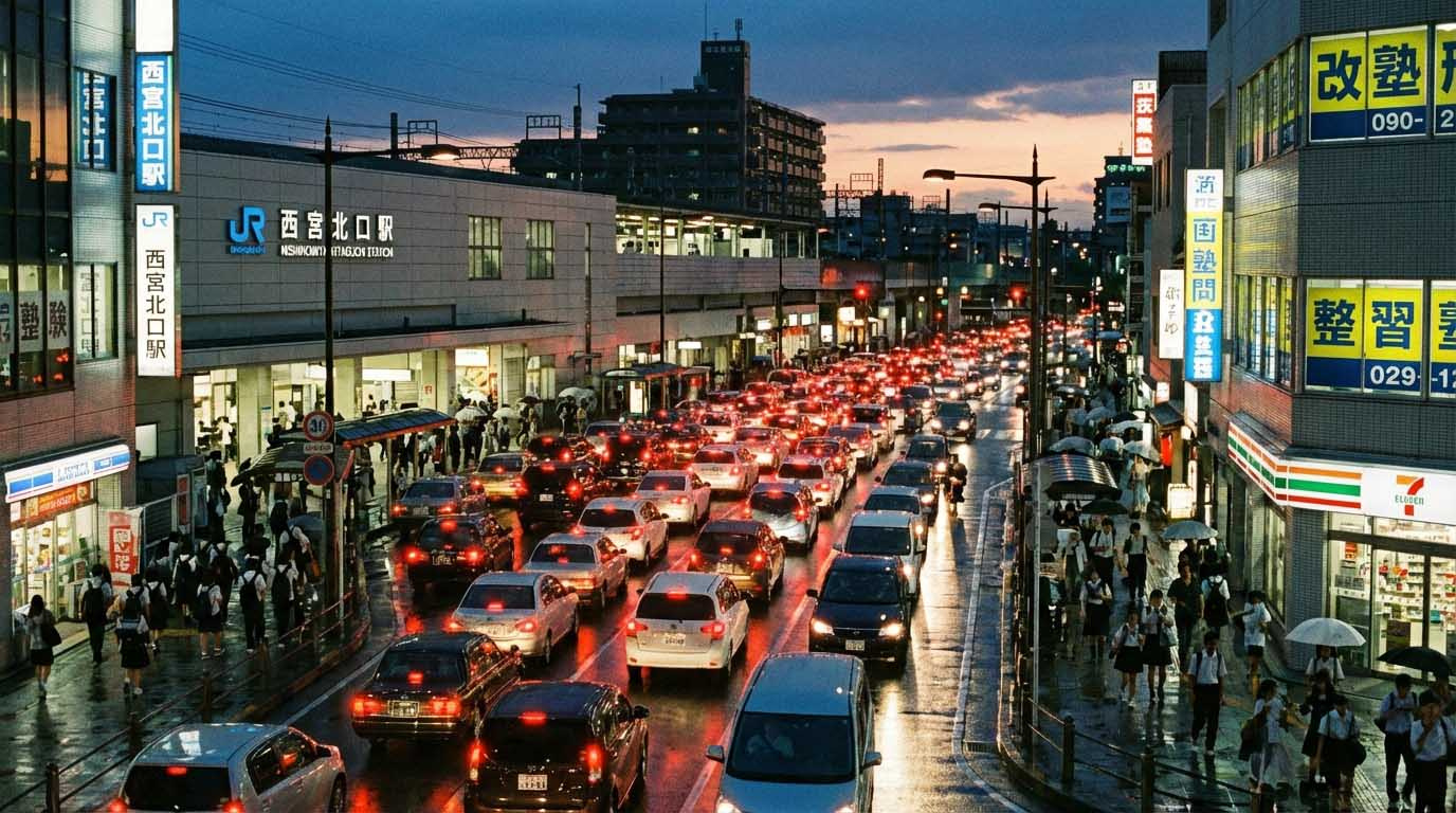 西宮北口駅周辺の夕暮れ時の道路事情、多くの歩行者と車が行き交う様子