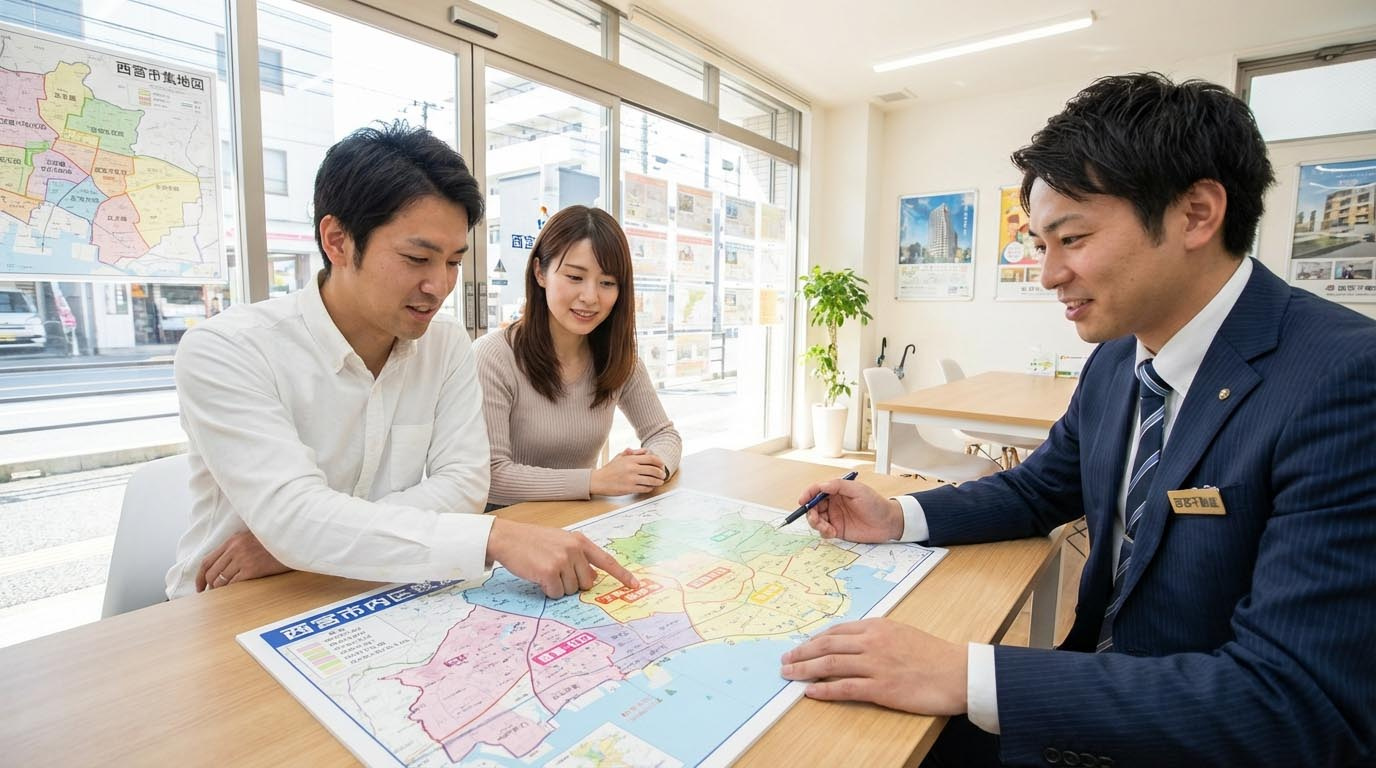 西宮市の地図を見ながら人気学区について相談する家族と不動産担当者