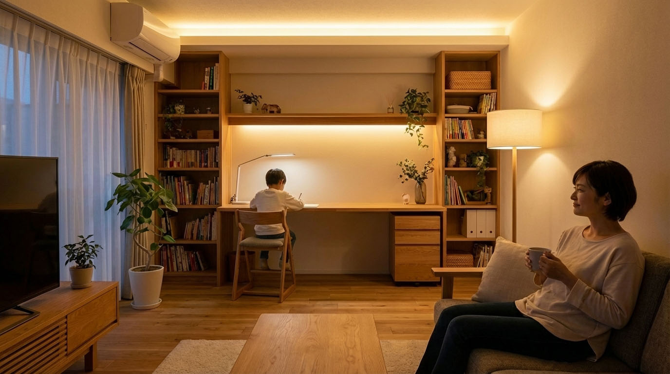 リノベーションされたリビングで学習する子供を見守る親の様子