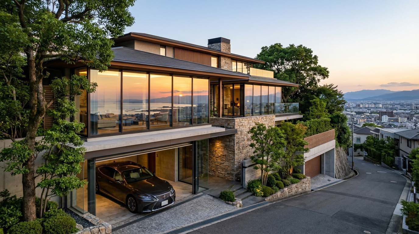 苦楽園の高台から西宮市内と大阪湾を一望する眺望の良い邸宅