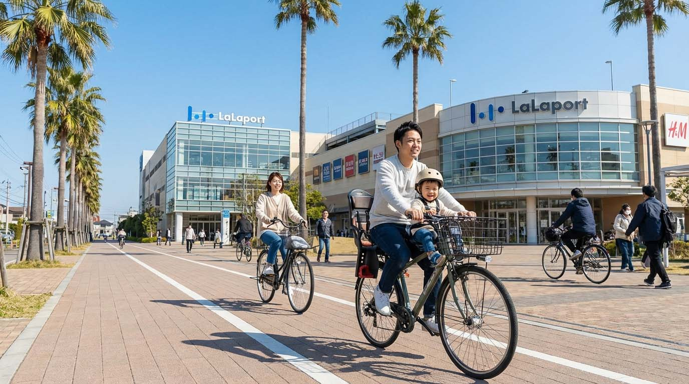 ららぽーと甲子園周辺を自転車で快適に走る家族連れの様子