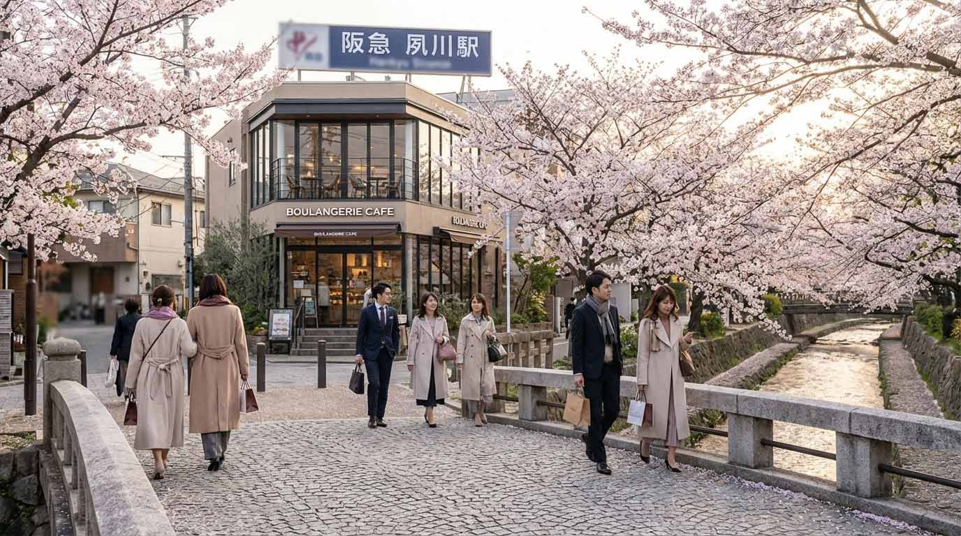 阪急夙川駅周辺の桜並木と落ち着いた住宅街の風景