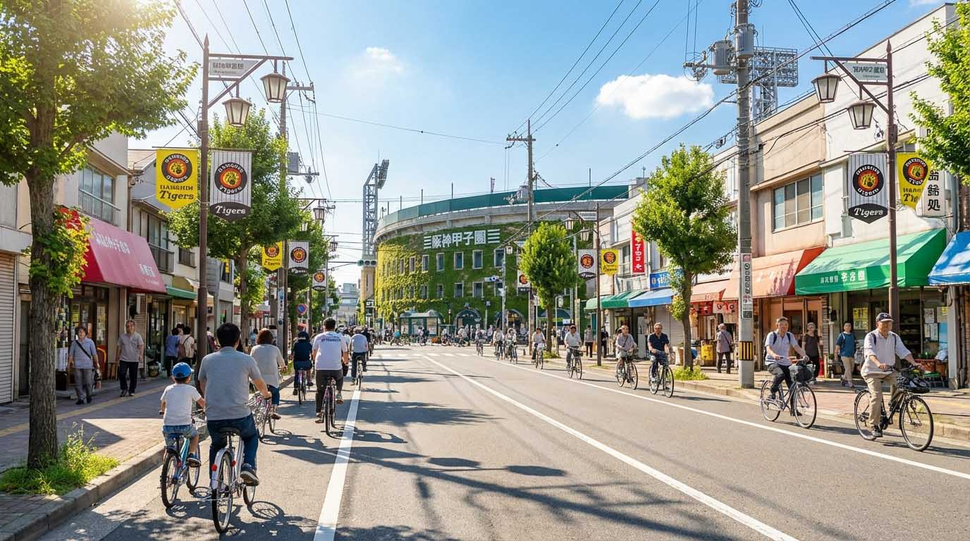 甲子園球場周辺の活気ある街並みとフラットな道のりを走る自転車