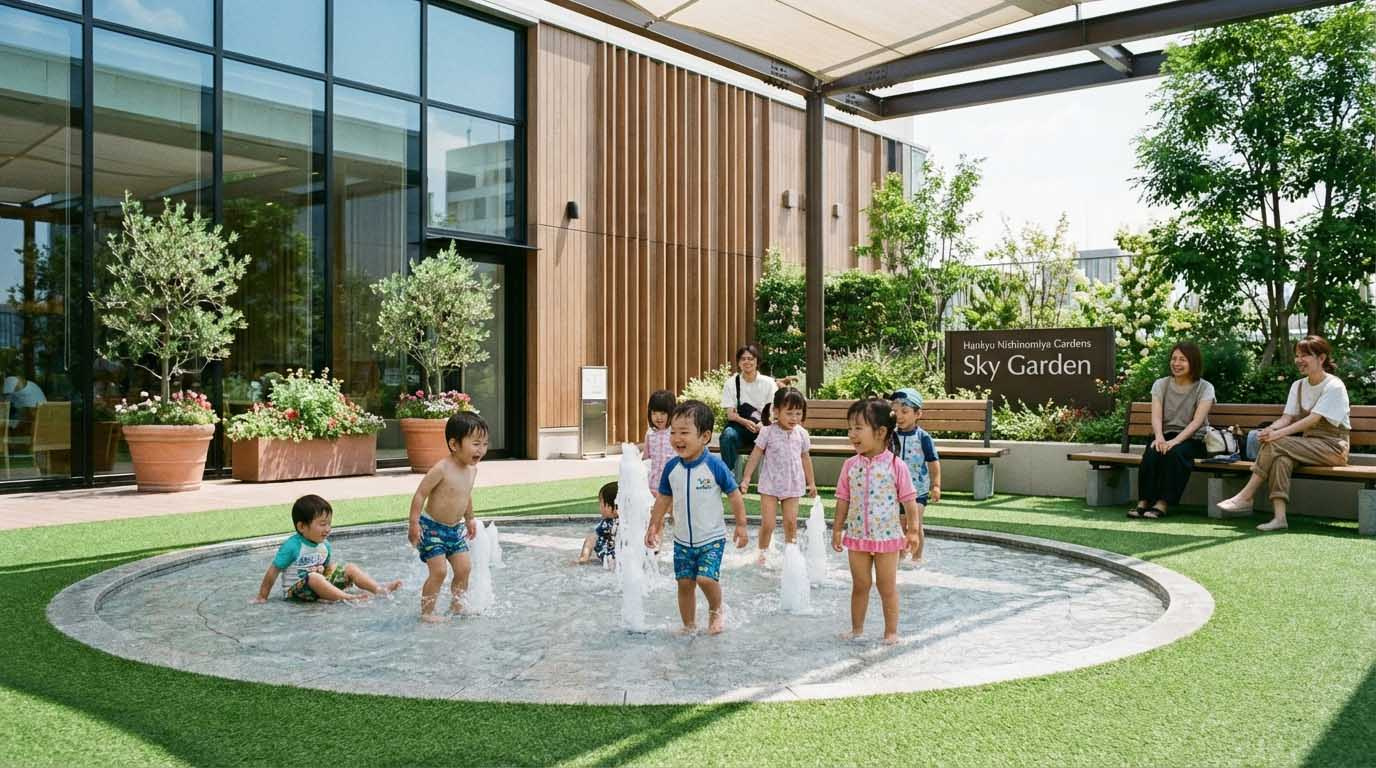 西宮ガーデンズのスカイガーデンで噴水を見ながら遊ぶ子供たち