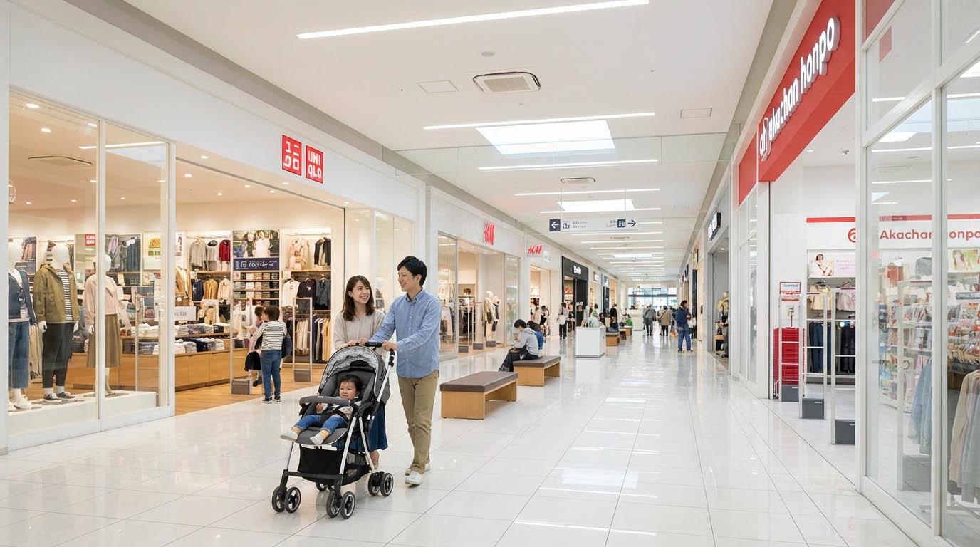 ららぽーと甲子園の広い通路をベビーカーを押して歩く家族