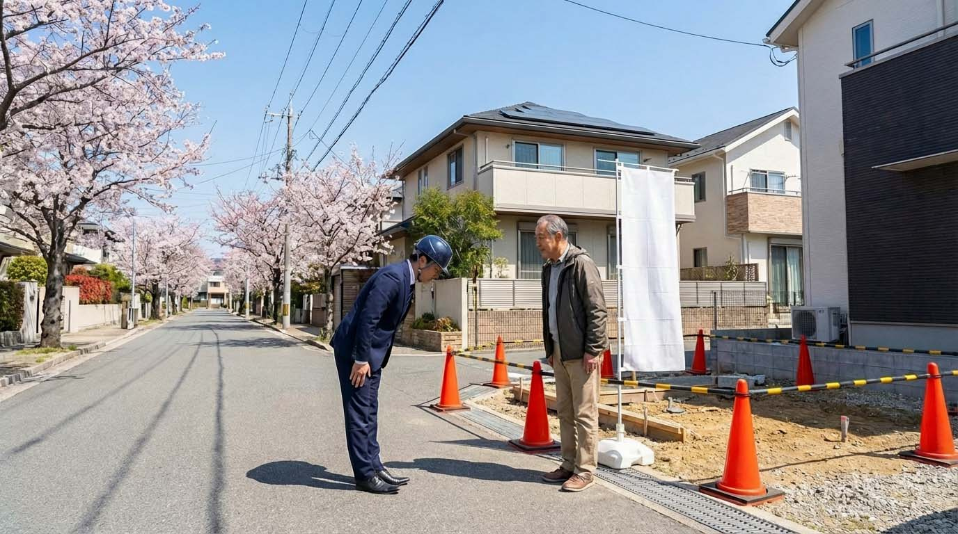 高翔の建築現場で、土地の仕入れ担当者が近隣住民と挨拶を交わしている様子