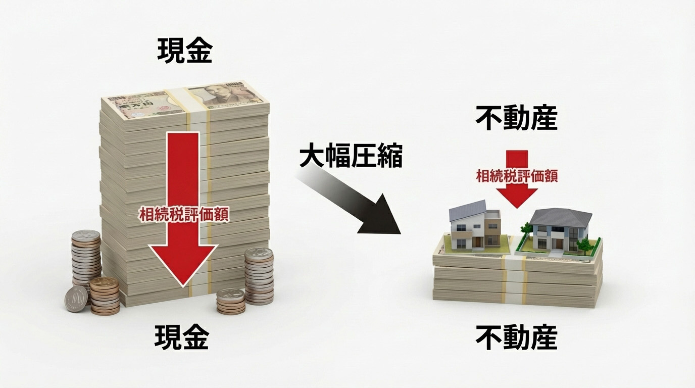 現金と不動産の相続税評価額の違いを比較した分かりやすいグラフのイラスト