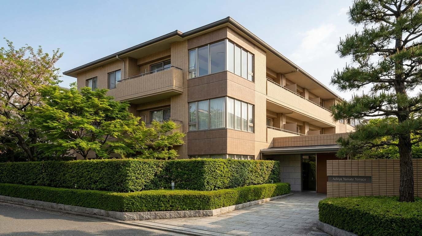 芦屋の閑静な住宅街にある、管理の行き届いた低層マンションの外観