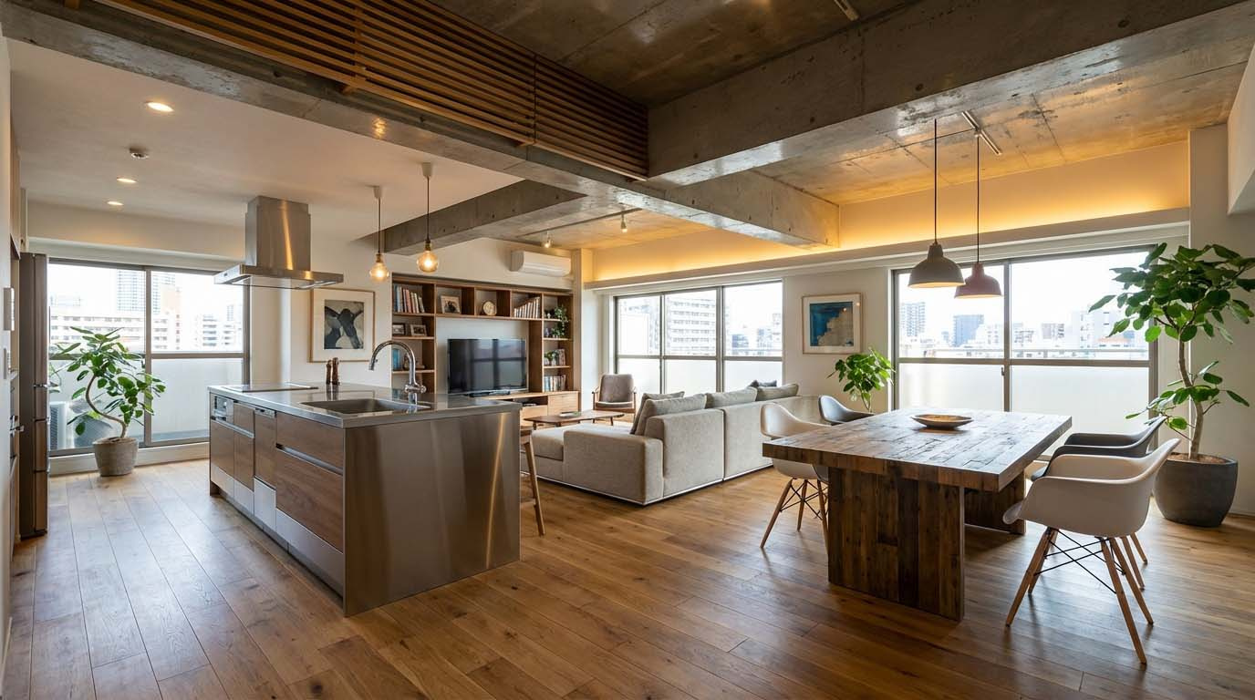 築古マンションの一室が、リノベーションによってモダンで魅力的な空間に生まれ変わったビフォーアフターのイメージ