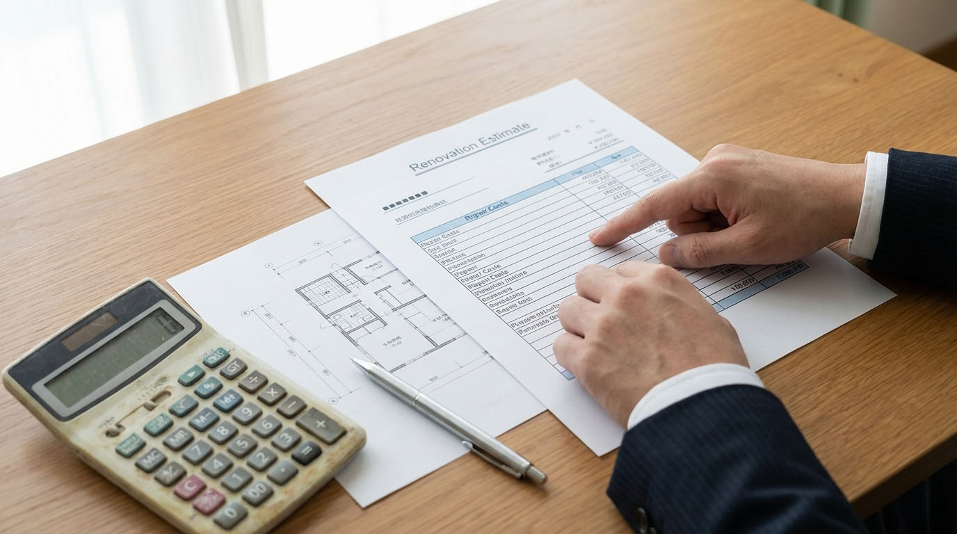 リフォームの見積書と図面を提示しながら、具体的な修繕箇所を説明しているシーン