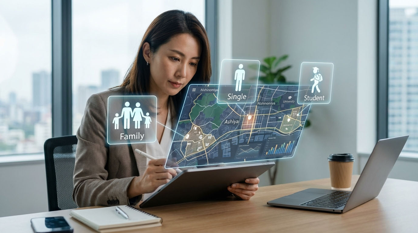 エリアマップを見ながら入居者ターゲット層を分析している不動産プロフェッショナル