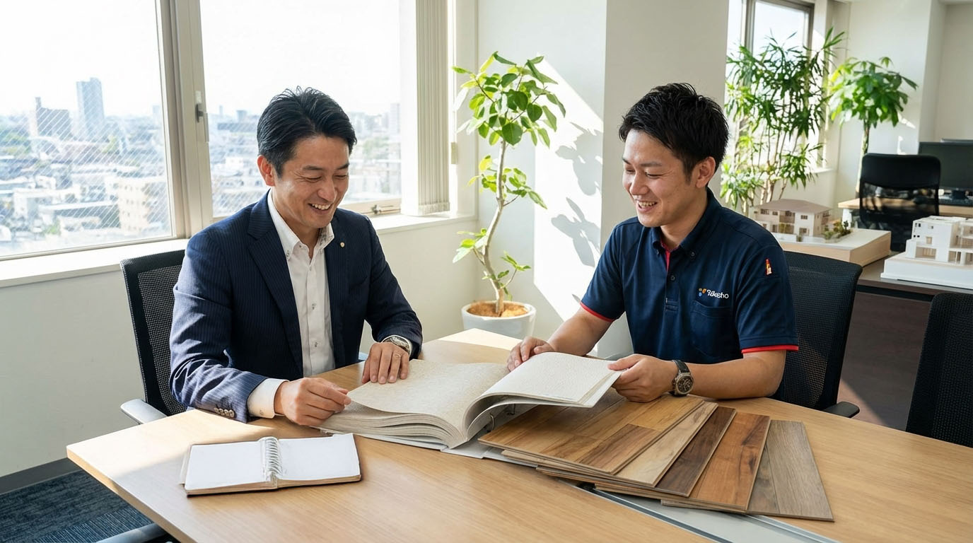オーナー様と高翔のスタッフがリフォーム素材サンプルを見ながら打ち合わせをしている様子
