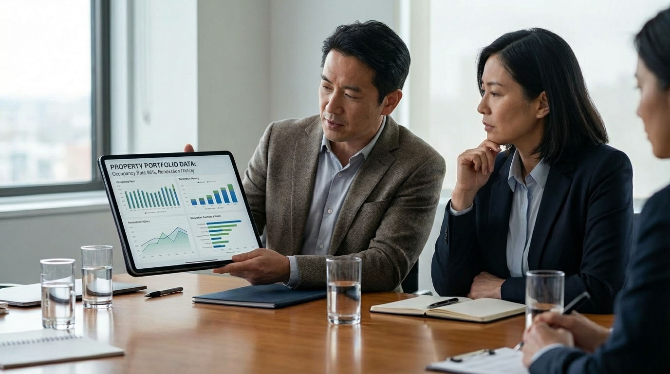 投資家がタブレットを使って、所有物件の収益性や修繕履歴を銀行員にプレゼンしている様子