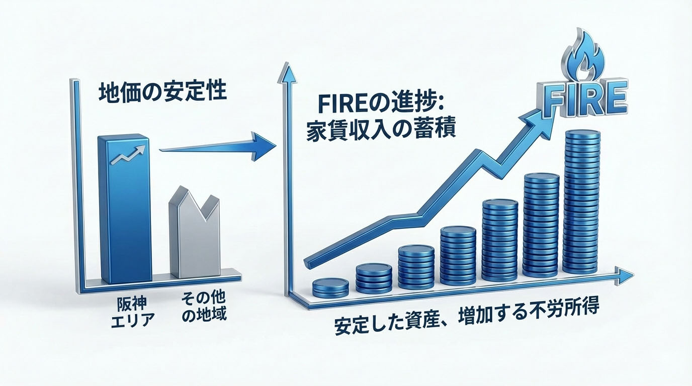 阪神間エリアの地価安定性と、家賃収入の積み上げイメージを示すグラフのイラスト