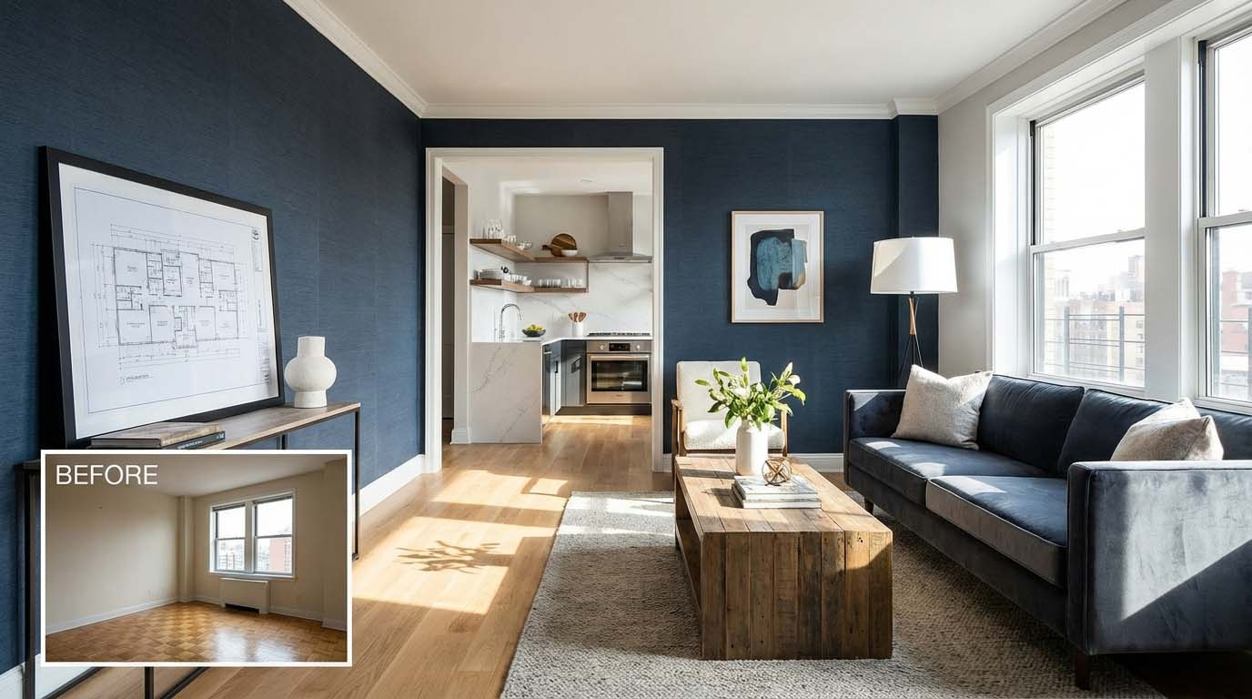 築古物件をリノベーションし、モダンで魅力的な内装に生まれ変わった部屋の写真