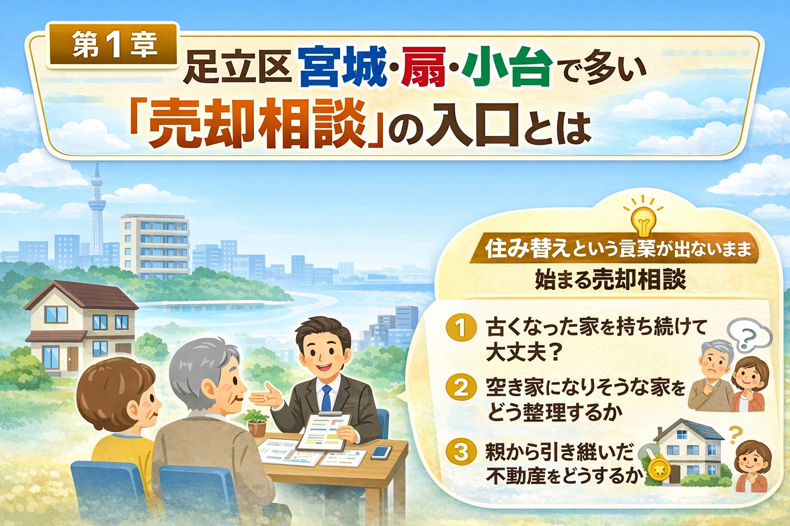 足立区宮城・扇・小台で多い売却相談の入口を解説するイメージ