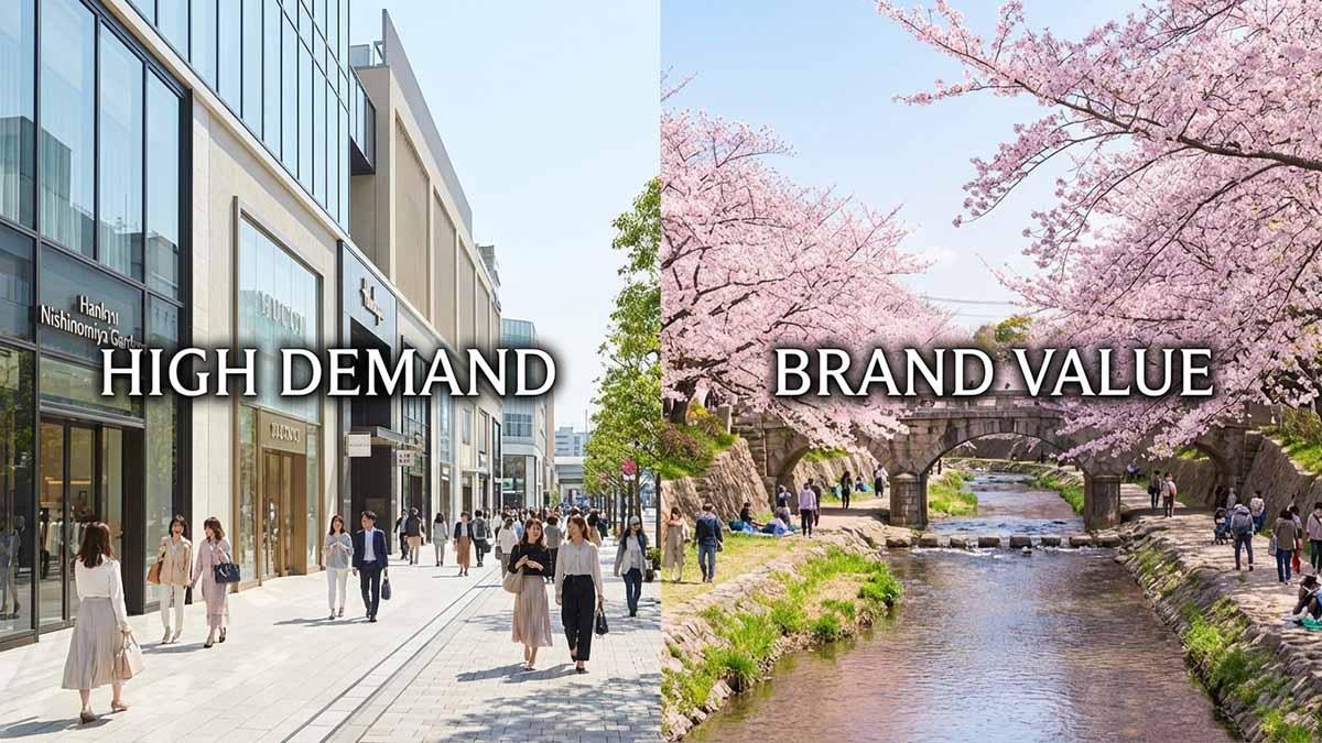 西宮北口のガーデンズ周辺や夙川の桜並木など、ブランド力のあるエリアの風景
