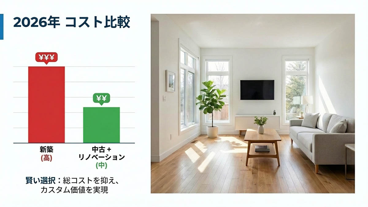 新築と中古リノベの費用比較グラフと、リノベーション後の明るいリビングの写真