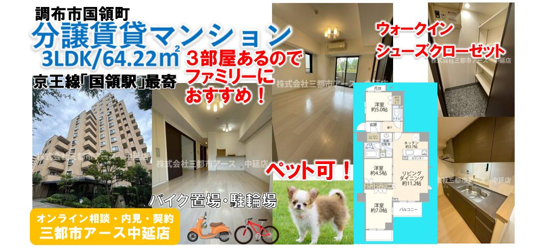 【アトラス国領サウスタワーＨ棟】分譲賃貸マンション3LDK・ファミリー物件・ペット可・京王線・国領駅