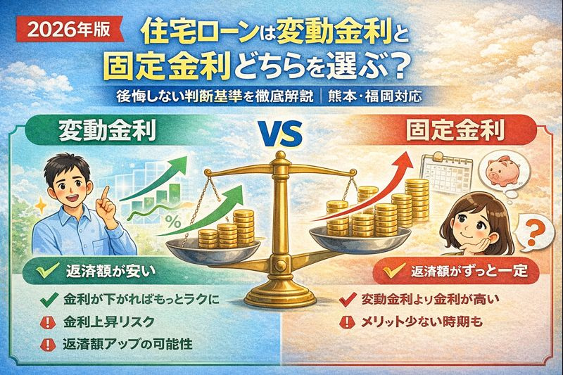 【2026年版】住宅ローンは変動金利と固定金利どちらを選ぶ？後悔しない判断基準を徹底解説｜熊本・福岡対応の画像