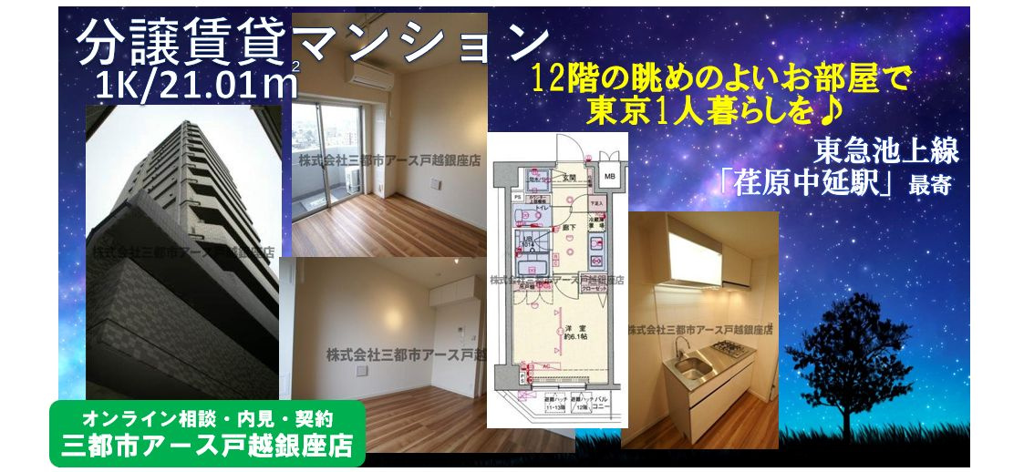 【荏原中延駅徒歩2分】分譲賃貸マンション1K｜12階の角部屋の画像
