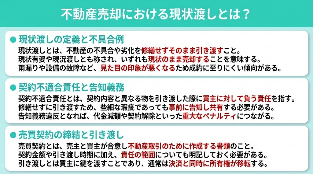 現状引き渡しになります。 不動産売却における現状渡しとは？メリットとデメリットも解説｜富士見