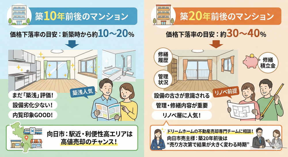 【向日市】築年数別マンションの値下がりはどのくらい？ 売却前に知っておきたい価格の目安と判断ポイントの画像
