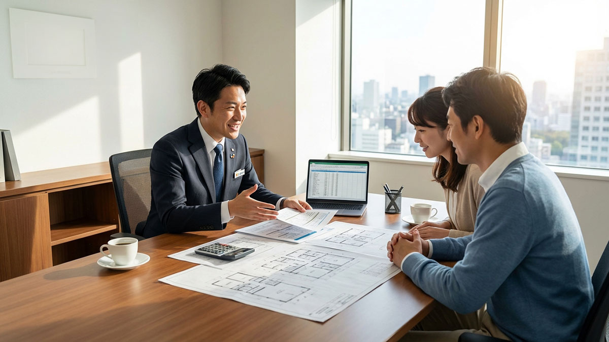 高翔バイセルのスタッフがお客様にリノベーションプランと税制メリットを説明している様子