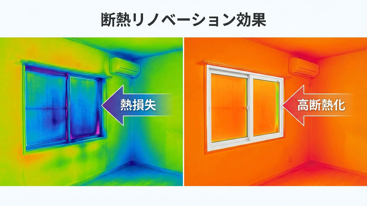 サーモグラフィで断熱効果を示したイメージ図と、暖かい室内の様子