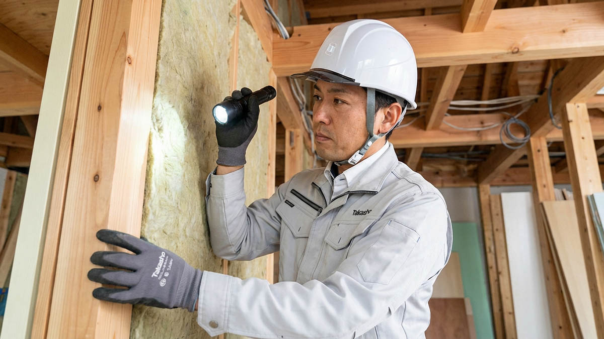 リノベーション工事現場で、断熱材の施工状況をチェックする建築のプロ