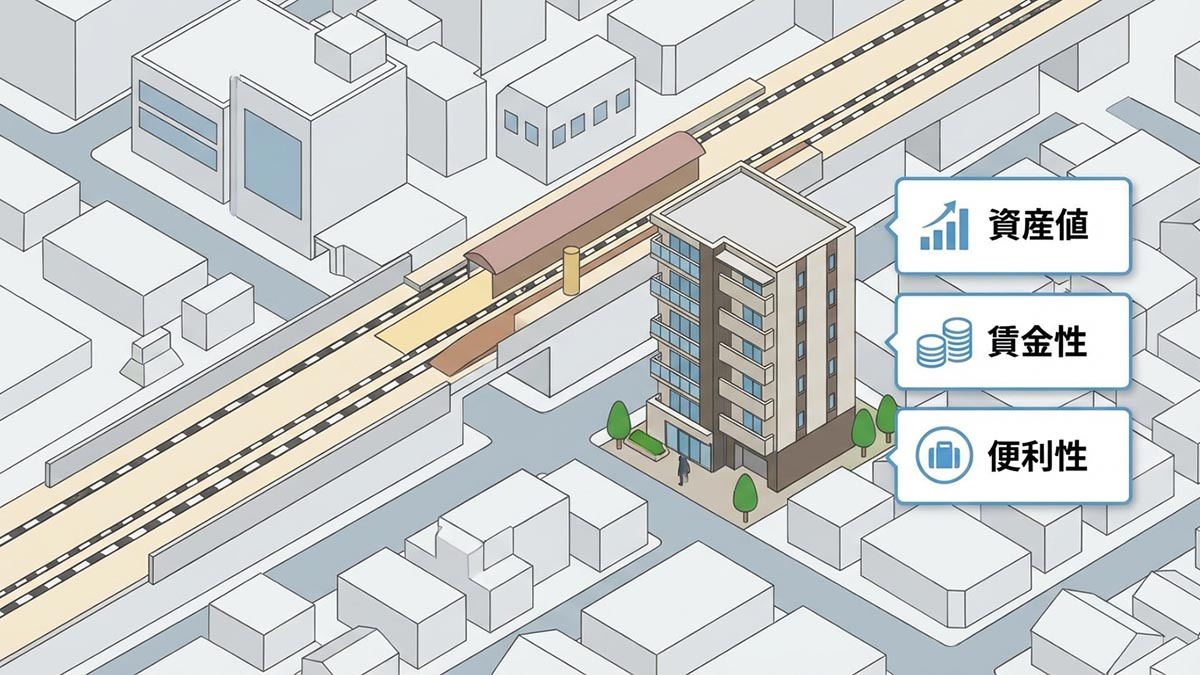 駅周辺の地図上に、40平米台の物件の資産価値や利便性を示すアイコンが浮かぶイラスト