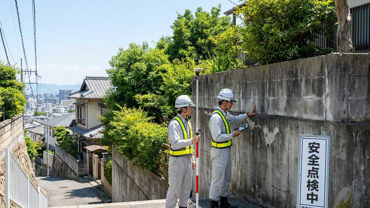 西宮市の山手エリアの傾斜地で、専門家が擁壁や地盤をチェックしている様子