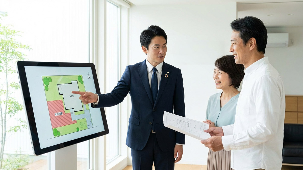高翔の建築士がハザードマップと図面を照らし合わせ、安全な配置計画を提案しているシーン