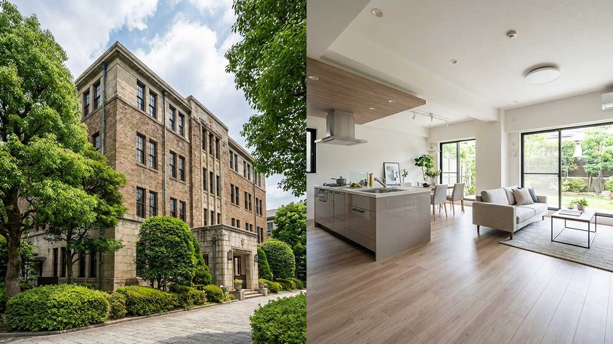 芦屋のヴィンテージマンションの外観と、モダンにリノベーションされた内装の対比