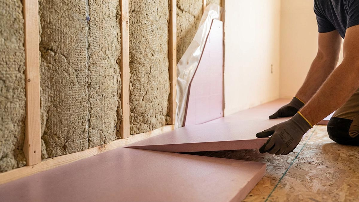 壁や床に高性能な断熱材を隙間なく施工しているリフォーム現場の様子