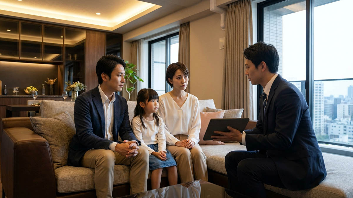 モデルルームで、落ち着いた雰囲気の中、真剣に将来の暮らしをイメージする家族