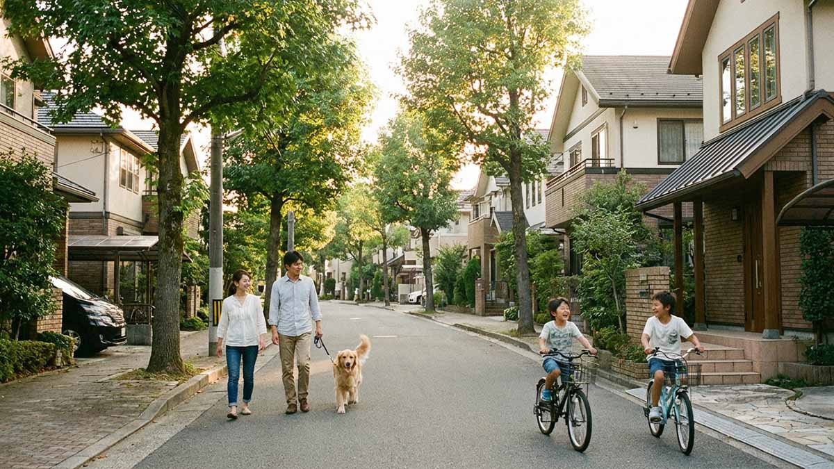 西宮市の落ち着いた住宅街の風景。投機ではなく、日々の暮らしの豊かさを象徴するイメージ