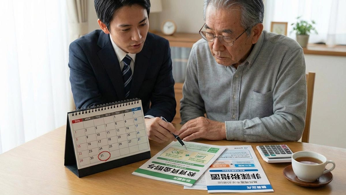 カレンダーの「2026年3月31日」に赤丸を付け、金融機関のパンフレットを確認する手元