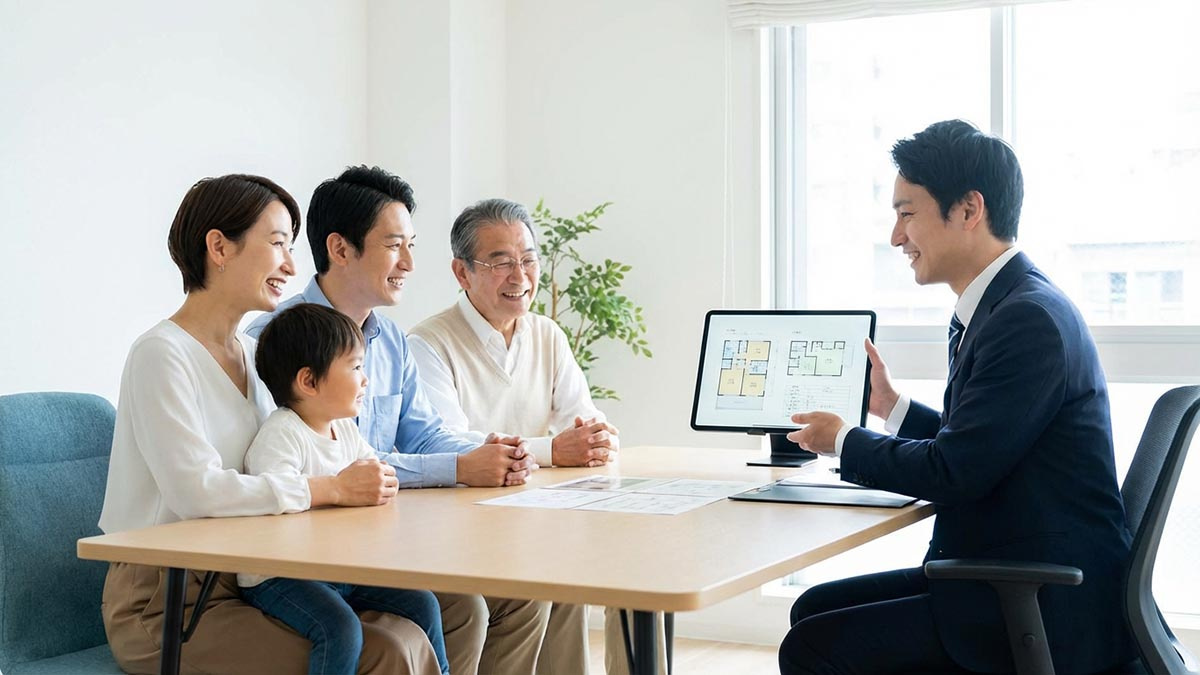 高翔バイセルのオフィスで、祖父母と孫を含めた家族で資産承継の相談をしている様子