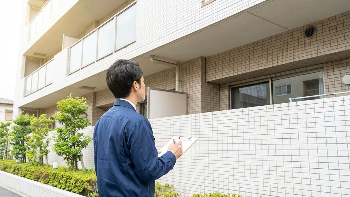 マンション管理スタッフが、定期巡回で建物のメンテナンス状況を確認している様子