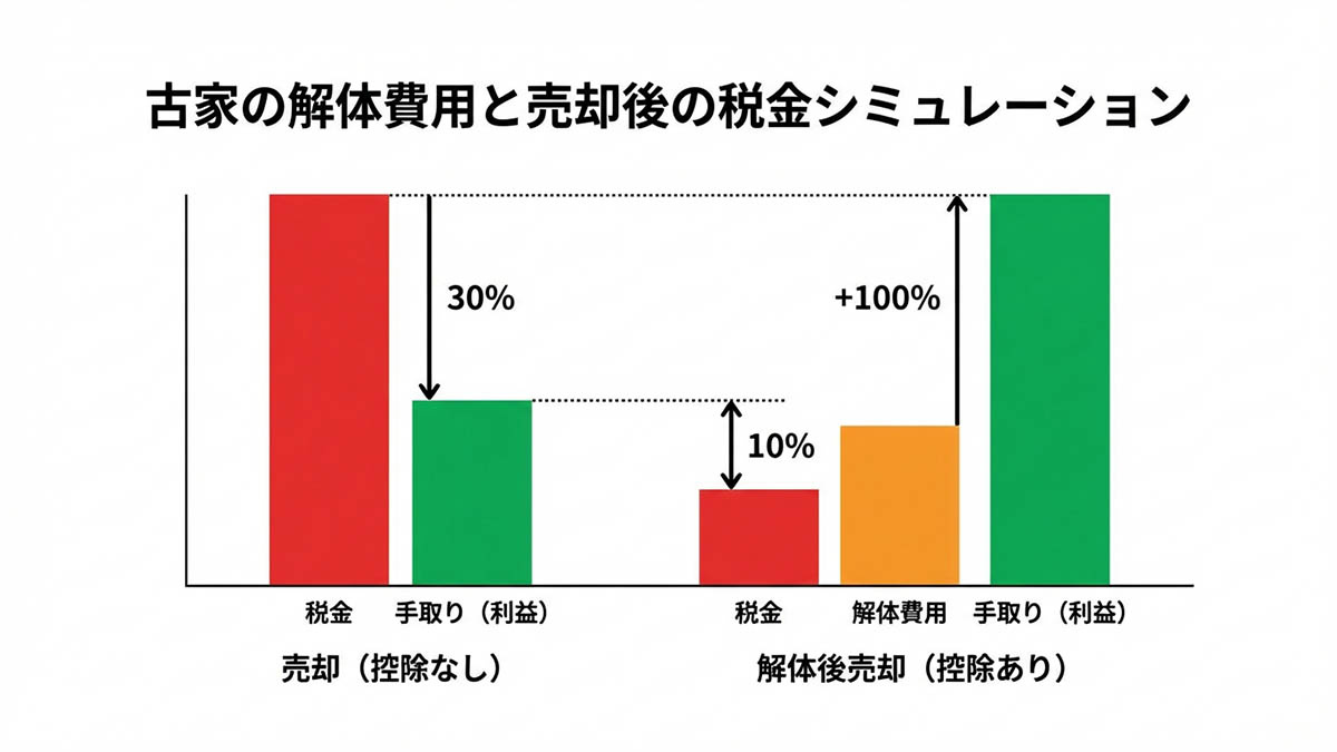 古家の解体費用と売却後の税金シミュレーションを比較したグラフ
