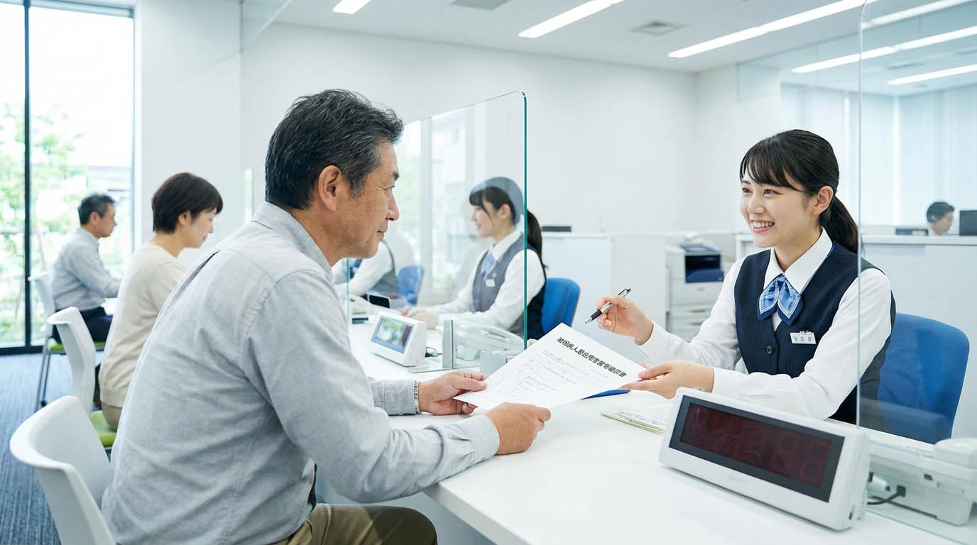 市役所の窓口で、空き家特例の申請書類について説明を受けている様子