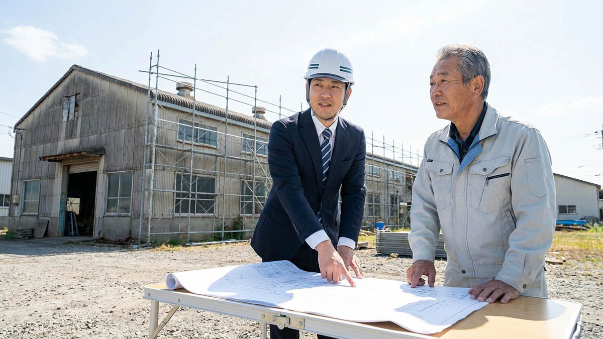 高翔のスタッフが、事業用不動産の活用や修繕計画についてオーナーに提案している様子