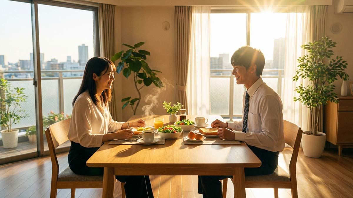 東向きの窓から朝日が差し込むダイニングで、朝食をとる共働き夫婦の爽やかな風景