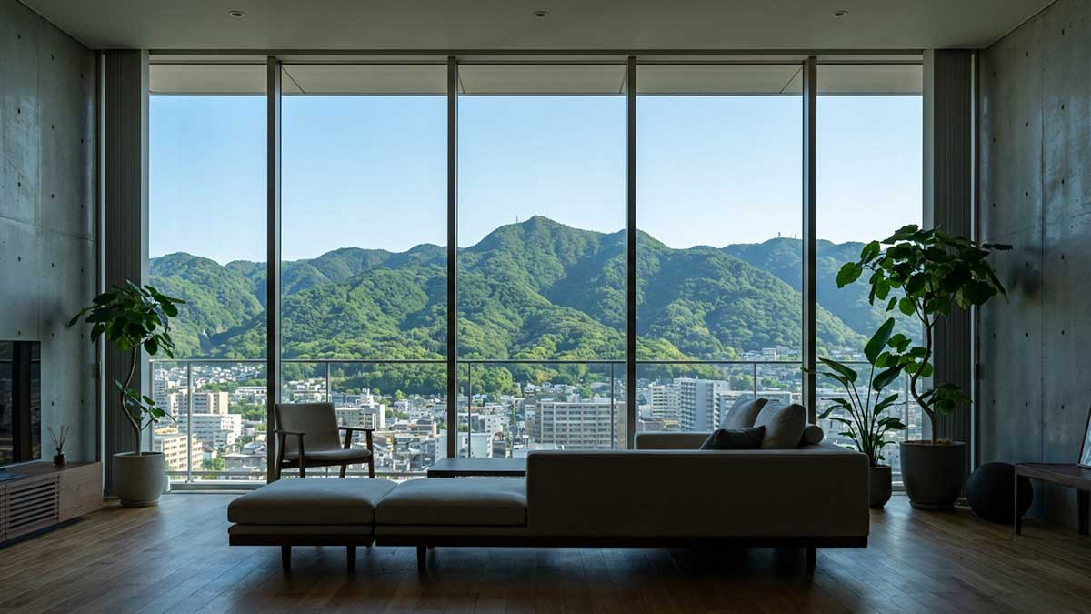 北向きの大きな窓から六甲山系の緑と街並みを一望できる、開放的なリビング