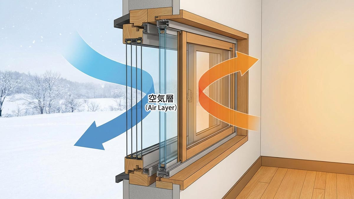 既存の窓と新しい内窓の間に空気層ができている断面図のイラスト。冷気の侵入と熱の流出を防ぐ仕組みを可視化