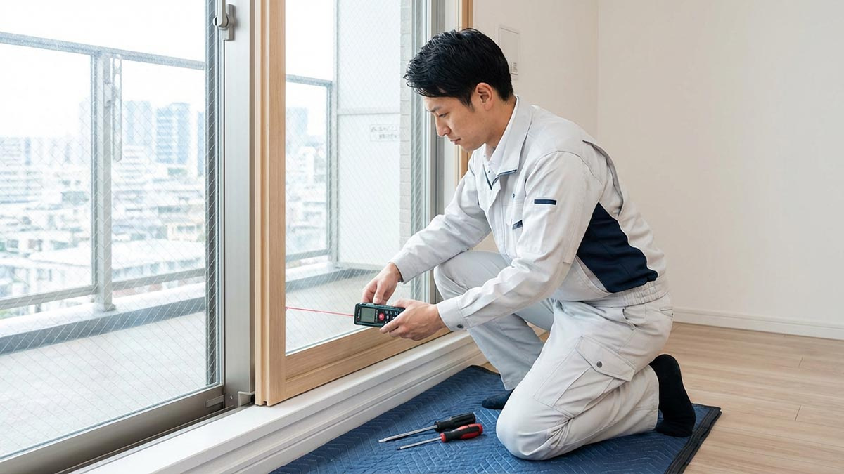 高翔のスタッフが、お客様のマンションで内窓の採寸や取り付け作業を行っている様子。丁寧な施工風景