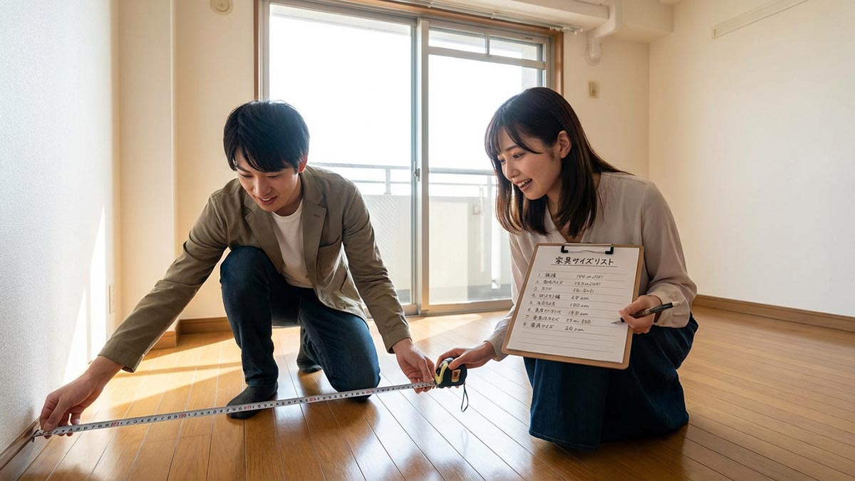 空っぽの部屋で、持参した「家具サイズリスト」を見ながらメジャーでスペースを測っている夫婦