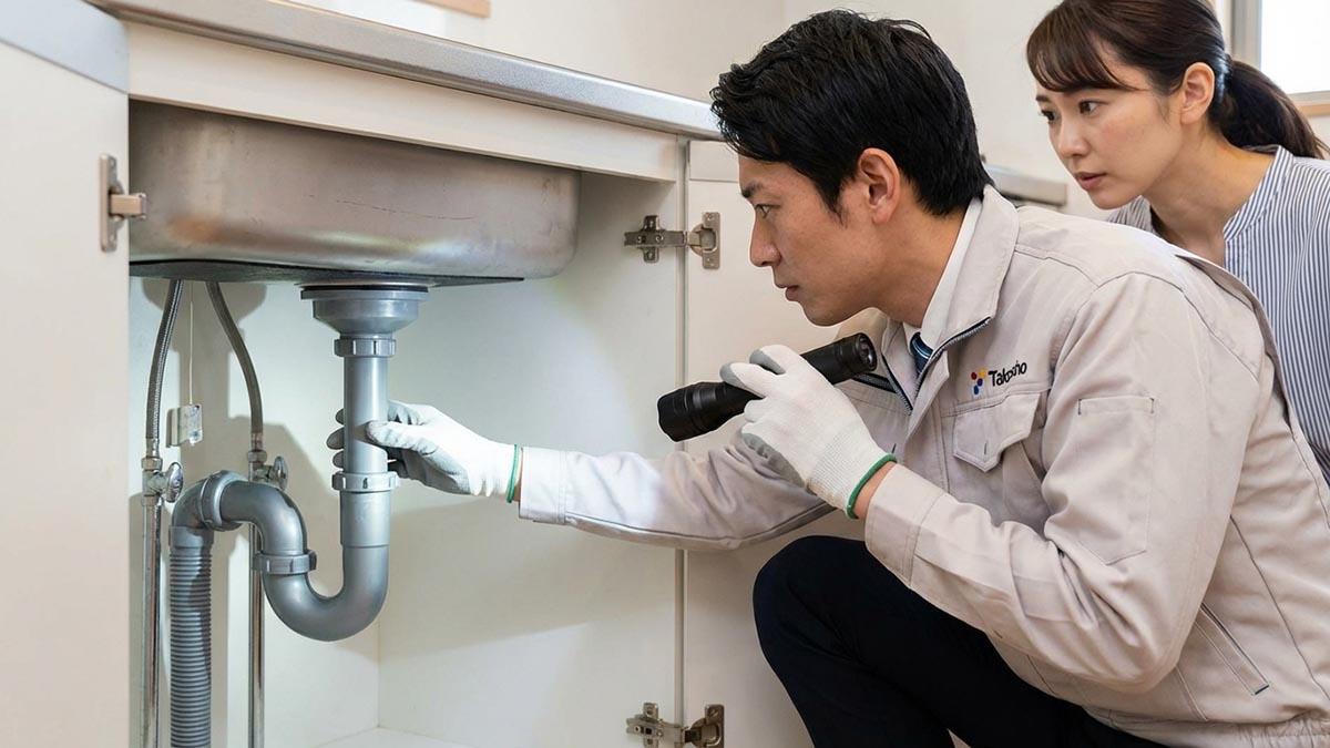 キッチンのシンク下の扉を開け、懐中電灯で配管の状態や水漏れ跡がないかチェックしているプロの様子